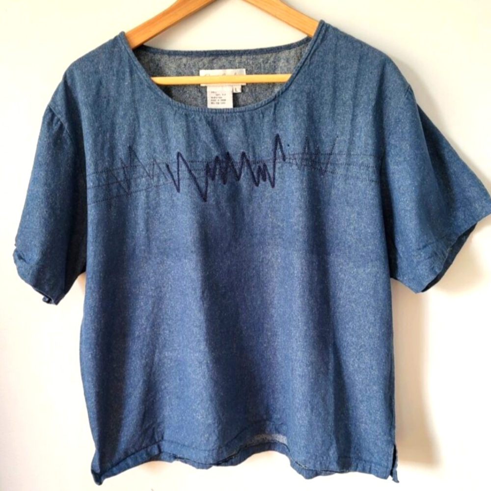 Vintage GREAT CAVALIER By St.Paul Denim Blue Raw Silk Short Sleeve Top